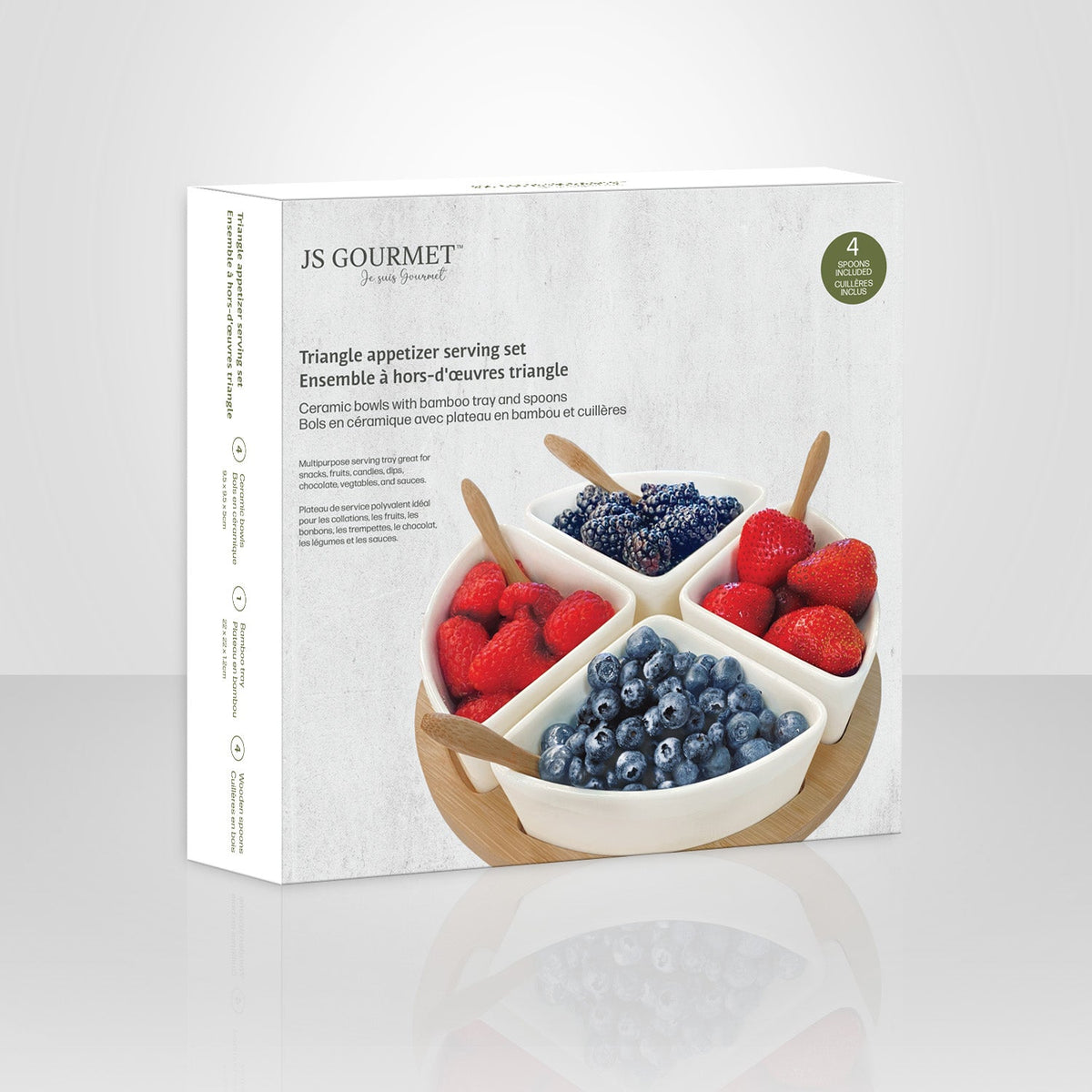 JS Gourmet - Ensemble de Service de Hors-D'oeuvres, Plateau en Bambou, Bols en Céramique et Cuillères - emballage - Simple Boutique