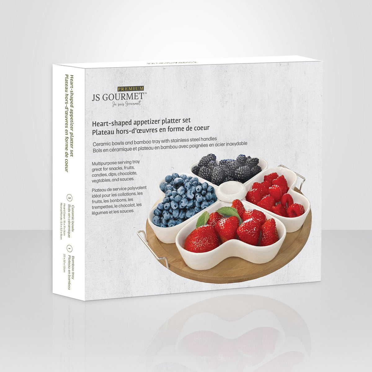 JS Gourmet - Plateau de Service à Hors-D'oeuvre avec Bols en Céramique en Forme de Coeur - emballage - Simple Boutique