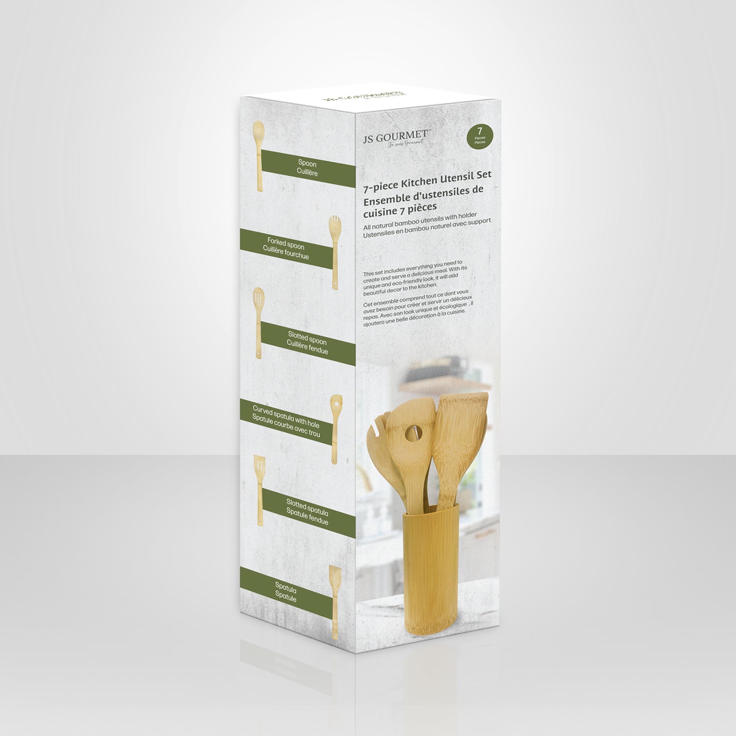 JS Gourmet - Ensemble 7 Morceaux d'utensiles de Cuisine en Bambou Naturel - emballage - Simple Boutique