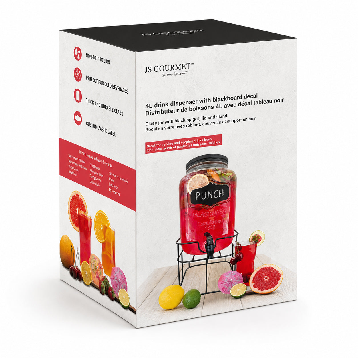 JS Gourmet - Distributeur de Boissons en Verre avec Décal Tableau Noir, Capacité de 4 Litres - emballage - Simple Boutique