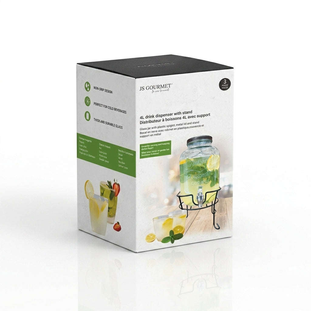 JS Gourmet - Distributeur de Boisson en Verre avec Support, Capacité de 5 Litres - emballage - Simple Boutique