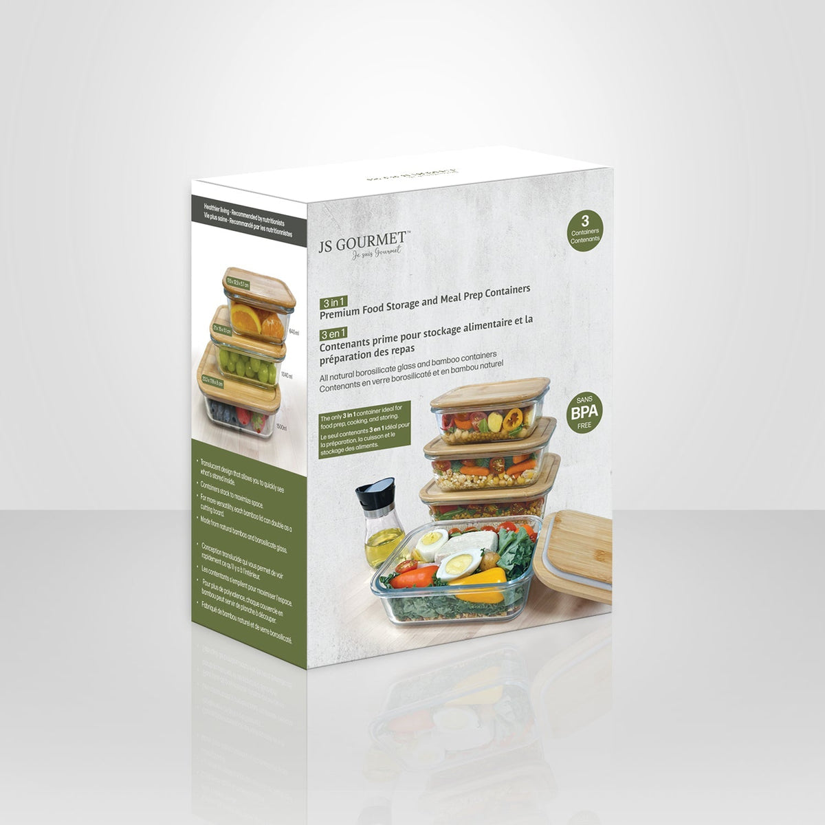 JS Gourmet - Ensemble de 3 Contenants pour Aliments, Couvercle en Bambou, Vont au Four - emballage - Simple Boutique