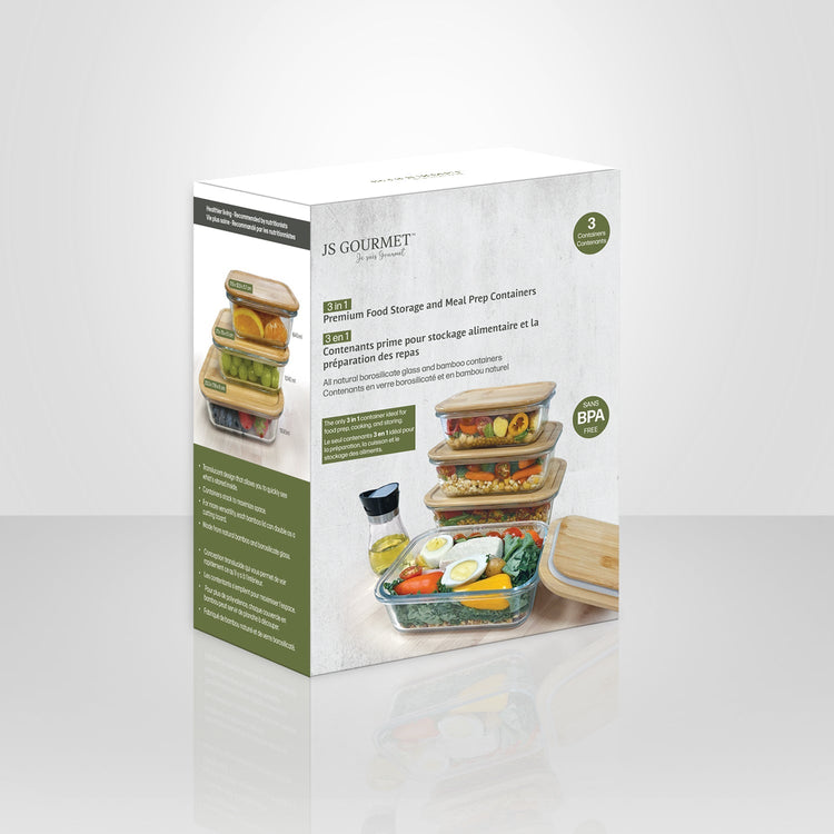 JS Gourmet - Ensemble de 3 Contenants pour Aliments, Couvercle en Bambou, Vont au Four - emballage - Simple Boutique