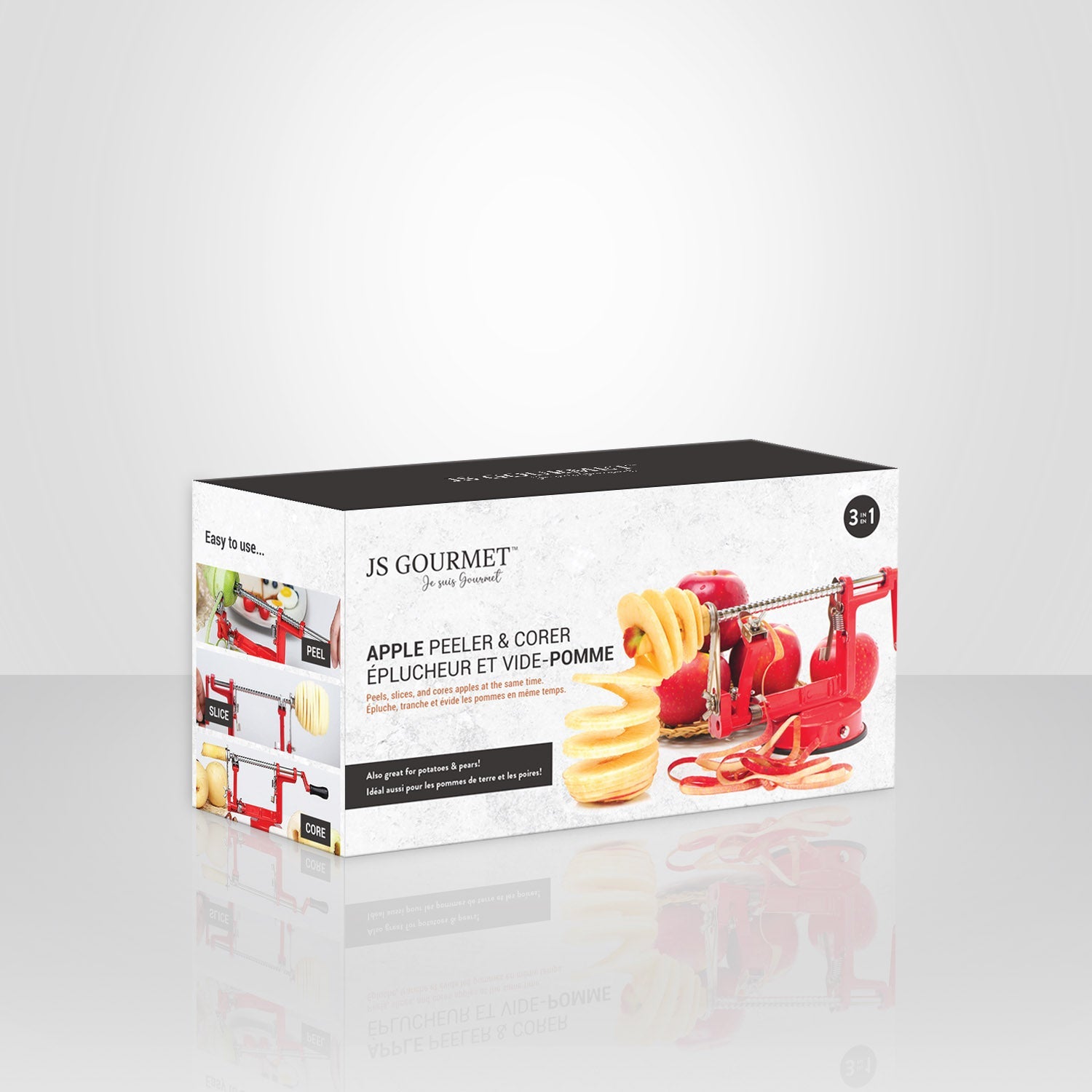 JS Gourmet - Éplucheur et Vide-Pomme Manuel 3 en 1, (Épluche, Tranche et Évide) - emballage - Simple Boutique