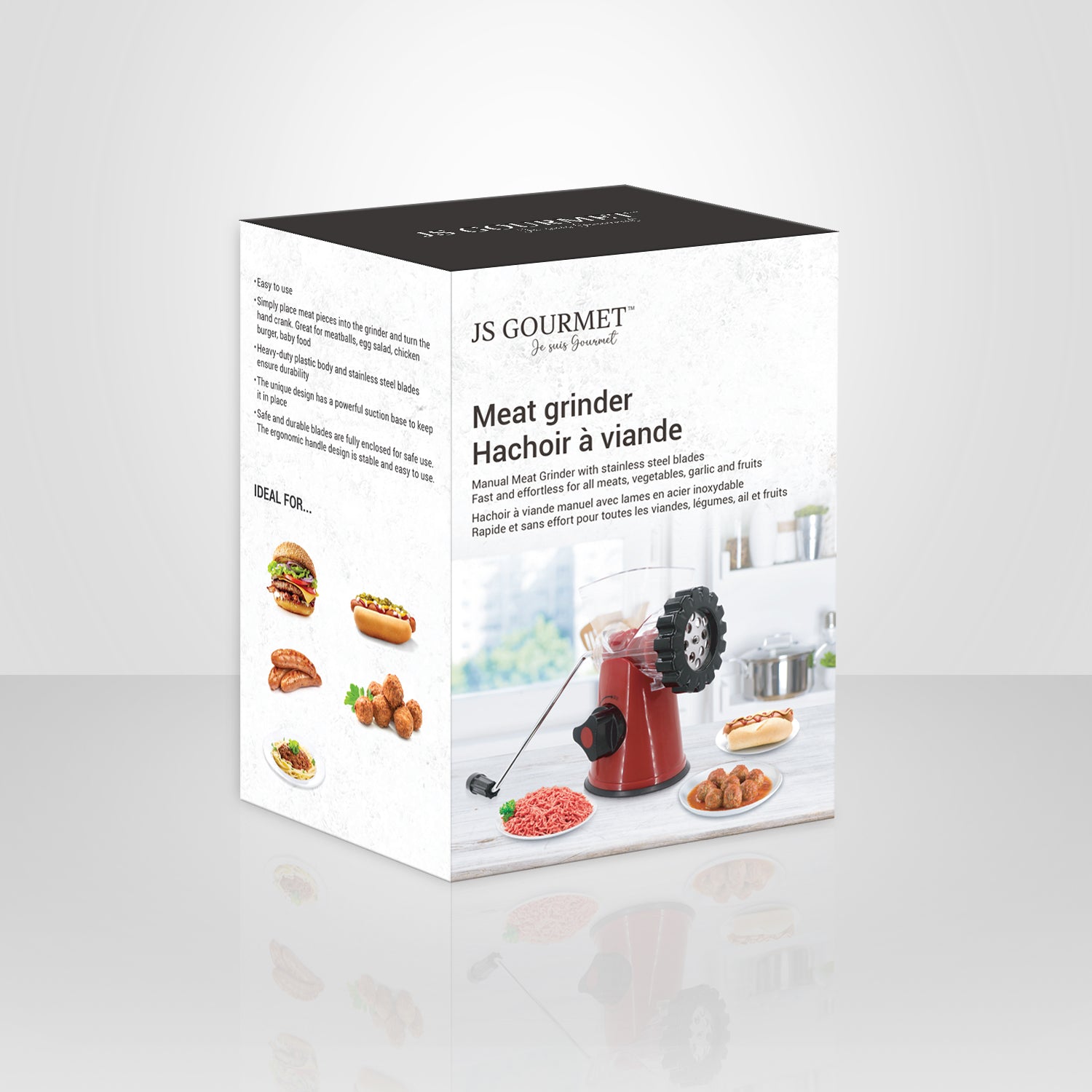 JS Gourmet - Hachoir à Viande et Légume Manuel Multifonctionnel, Lame en Acier Inoxydable - emballage - Simple Boutique