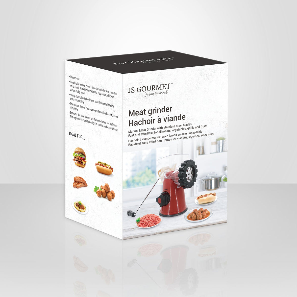 JS Gourmet - Hachoir à Viande et Légume Manuel Multifonctionnel, Lame en Acier Inoxydable - emballage - Simple Boutique