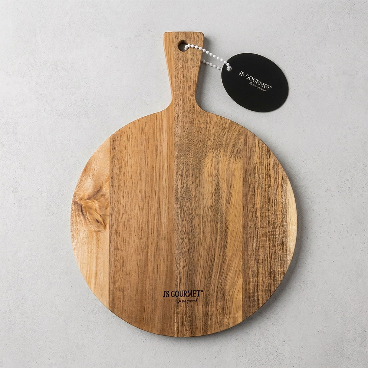 JS Gourmet - Planche à Fromage Ronde avec Poignée, Fabriqué en Bois d'acacia - emballage - Simple Boutique