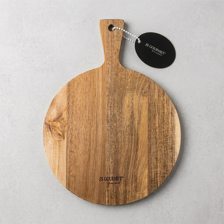 JS Gourmet - Planche à Fromage Ronde avec Poignée, Fabriqué en Bois d'acacia - emballage - Simple Boutique