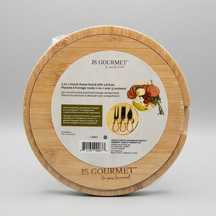 JS Gourmet - Ensemble 2 en 1 Planche à Fromage Ronde et 3 Couteaux - emballage - Simple Boutique