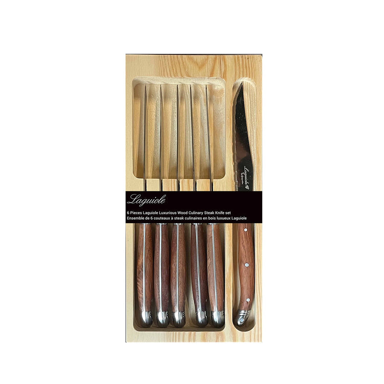 JS Gourmet - Ensemble de 6 Couteaux à Steak Laguiole, Lame en Acier Inoxydable, Manches en Bois - emballage - Simple Boutique