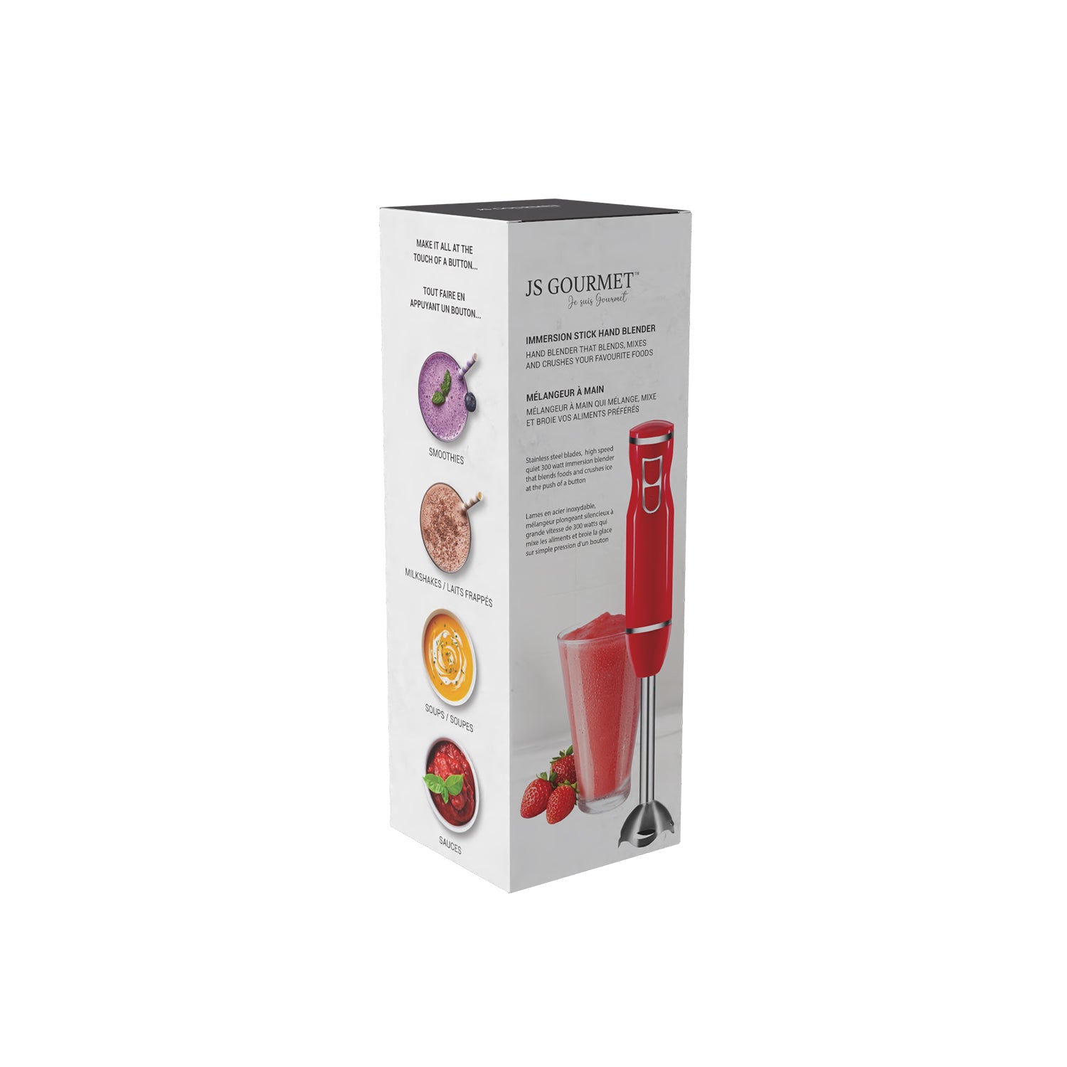 JS Gourmet - Mélangeur à Main à 2 Vitesses, Lame en Acier Inoxydable, 300 Watts, Rouge - emballage - Simple Boutique