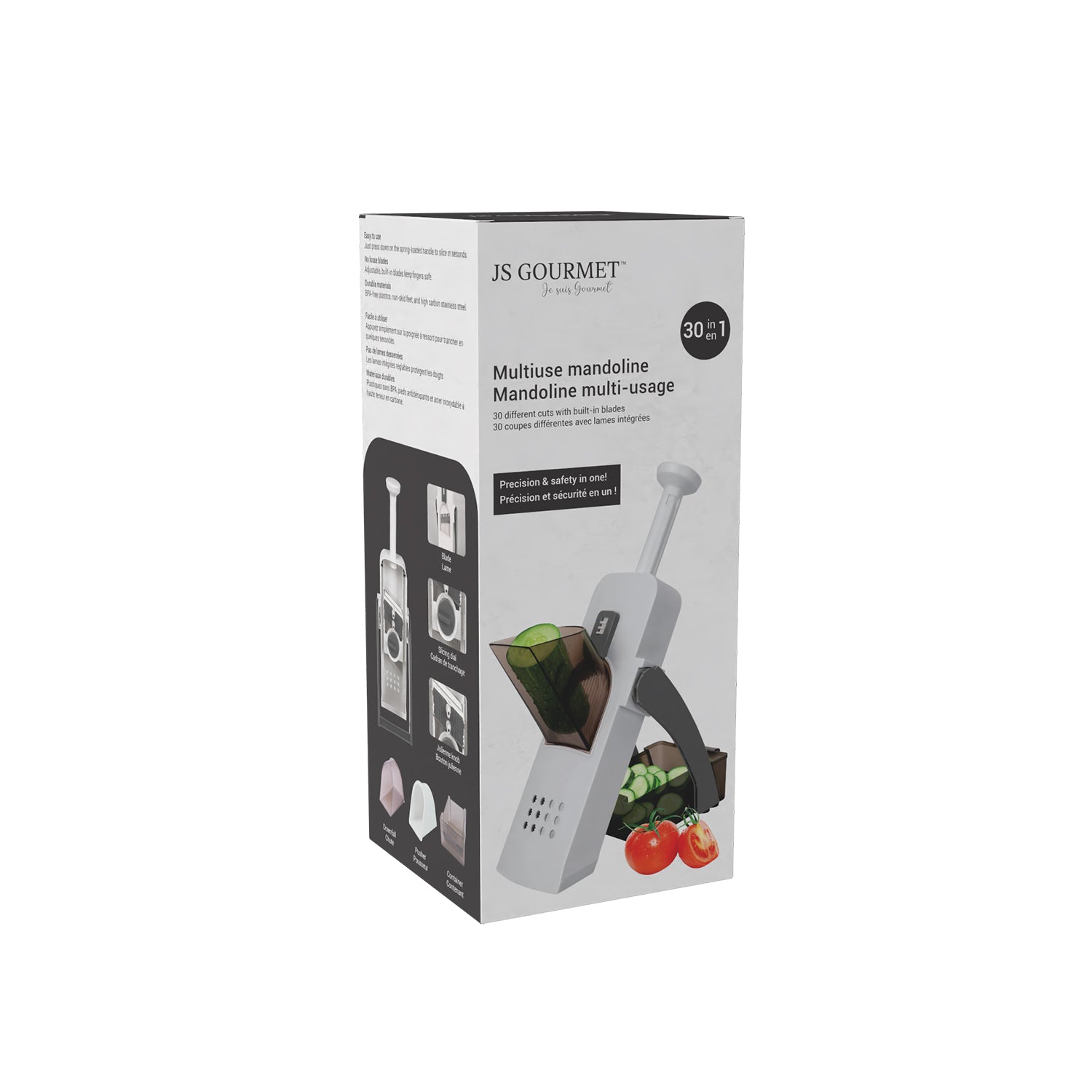 JS Gourmet - Mandoline Multi-Usage avec Lame en Acier Inoxydable, Pieds Antidérapants, Blanc - emballage - Simple Boutique