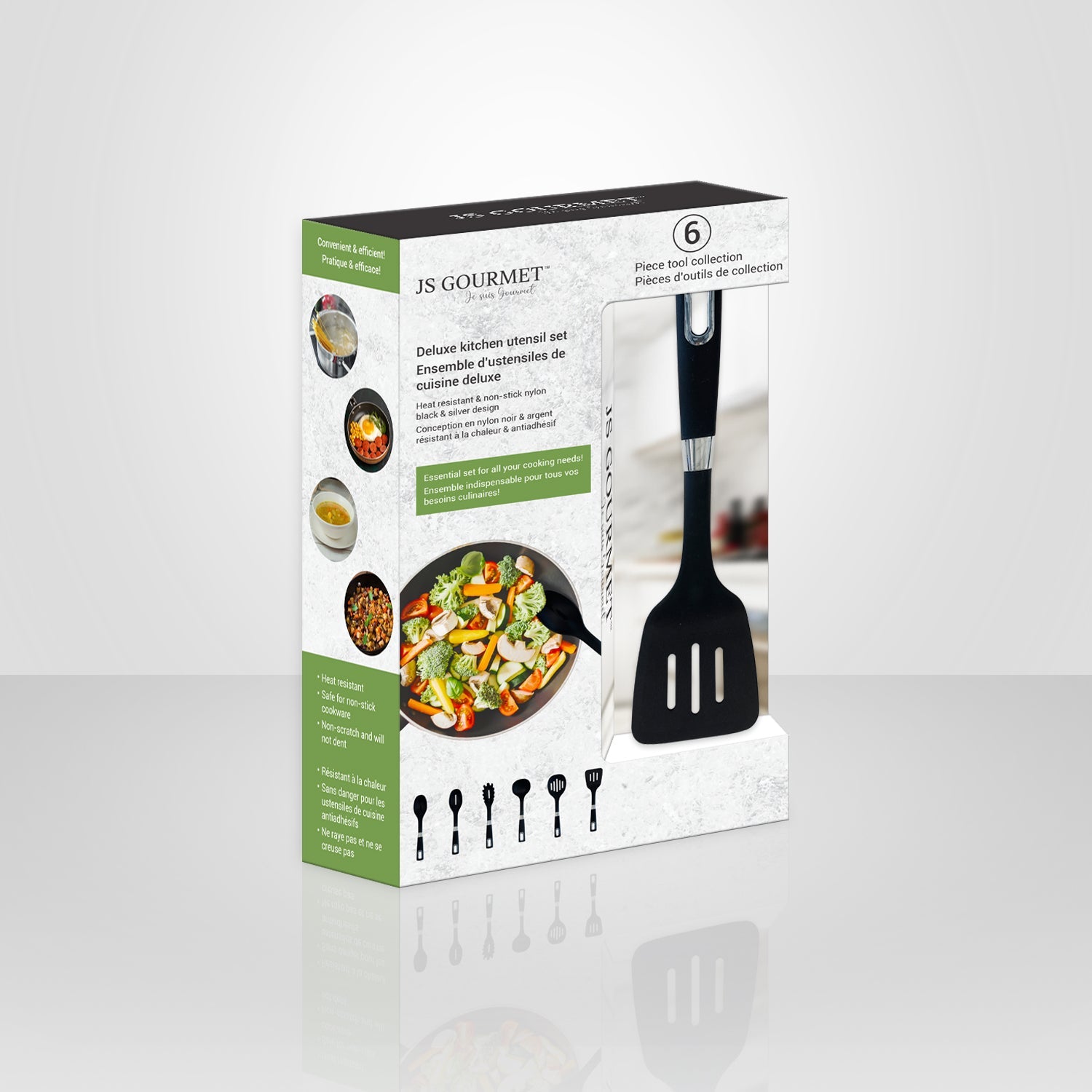 JS Gourmet - Ensemble de 6 Ustensiles de Cuisine en Nylon, Résistant à la Chaleur, Noir - emballage - Simple Boutique