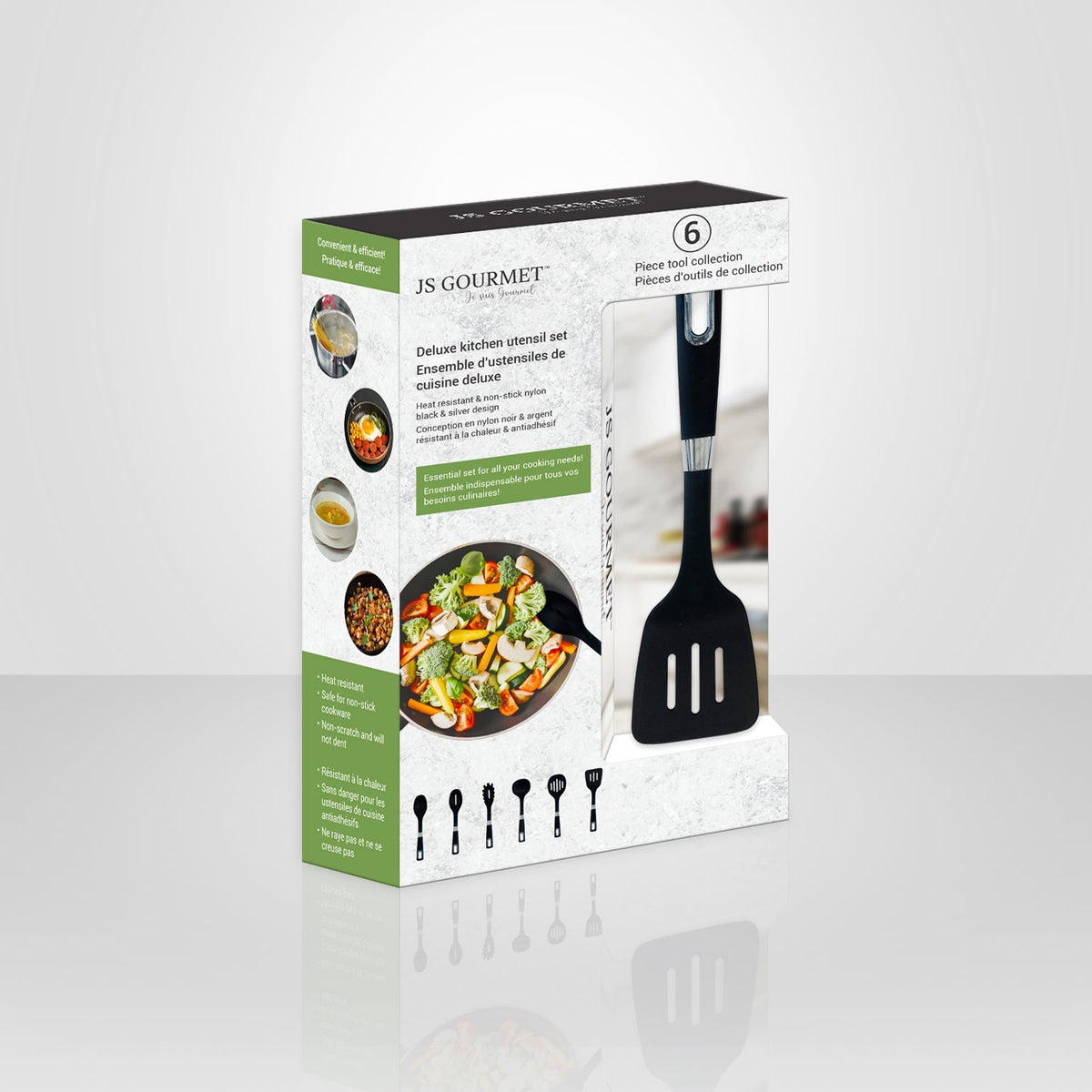 JS Gourmet - Ensemble de 6 Ustensiles de Cuisine en Nylon, Résistant à la Chaleur, Noir - emballage - Simple Boutique