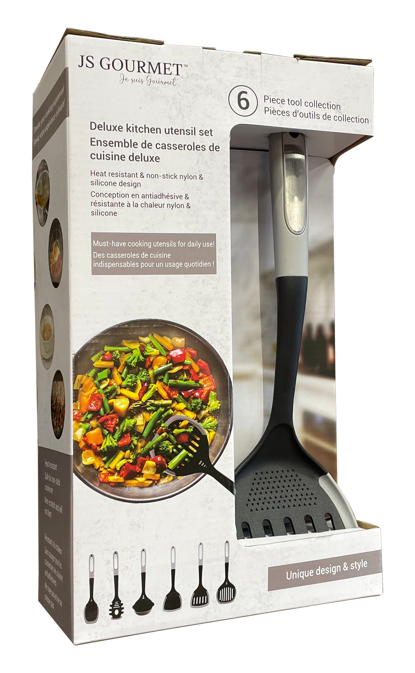 JS Gourmet - Ensemble 6 Morceaux d'ustensiles de Cuisine, Résistant à la Chaleur, Gris - emballage - Simple Boutique