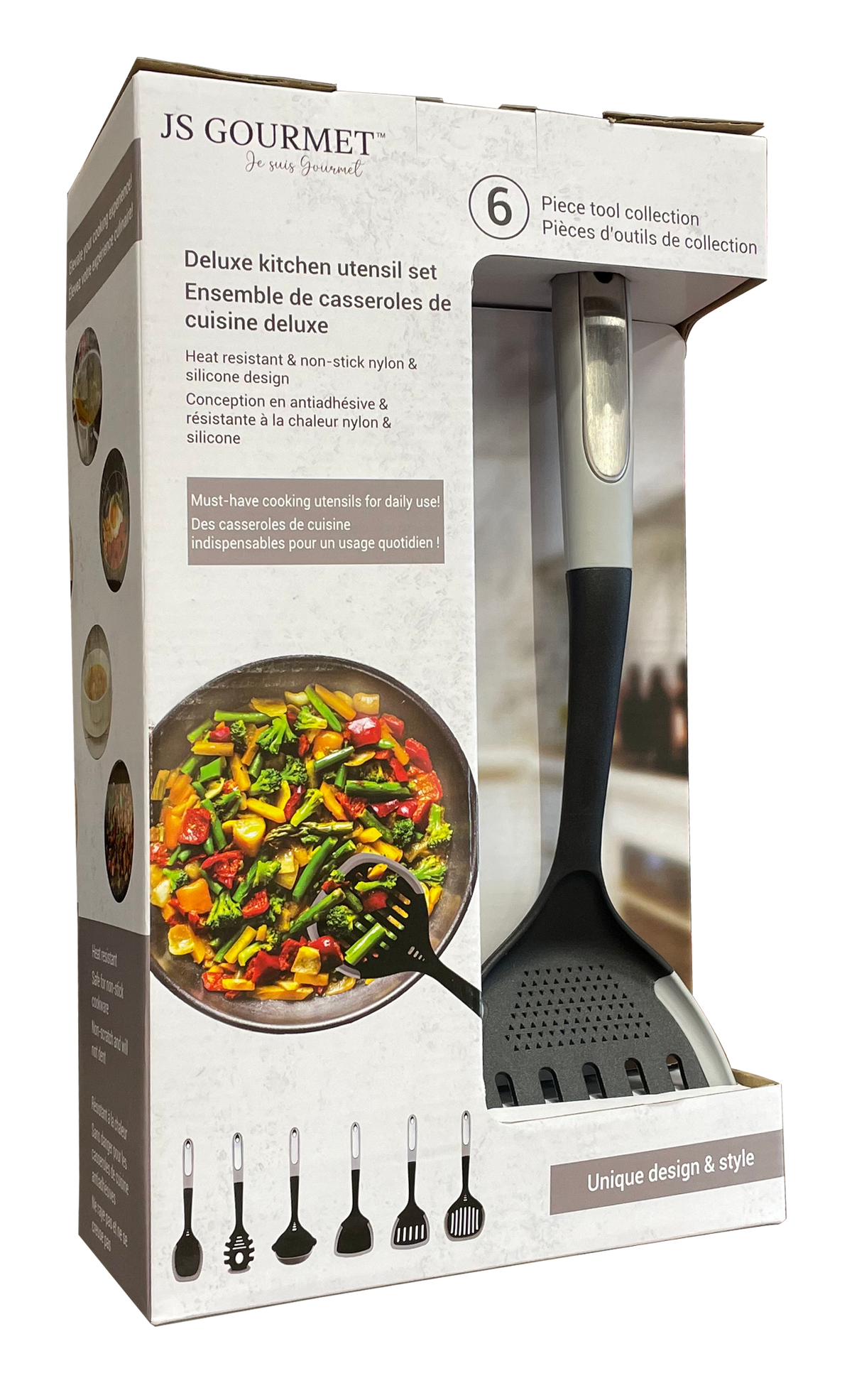 JS Gourmet - Ensemble 6 Morceaux d'ustensiles de Cuisine, Résistant à la Chaleur, Gris - emballage - Simple Boutique