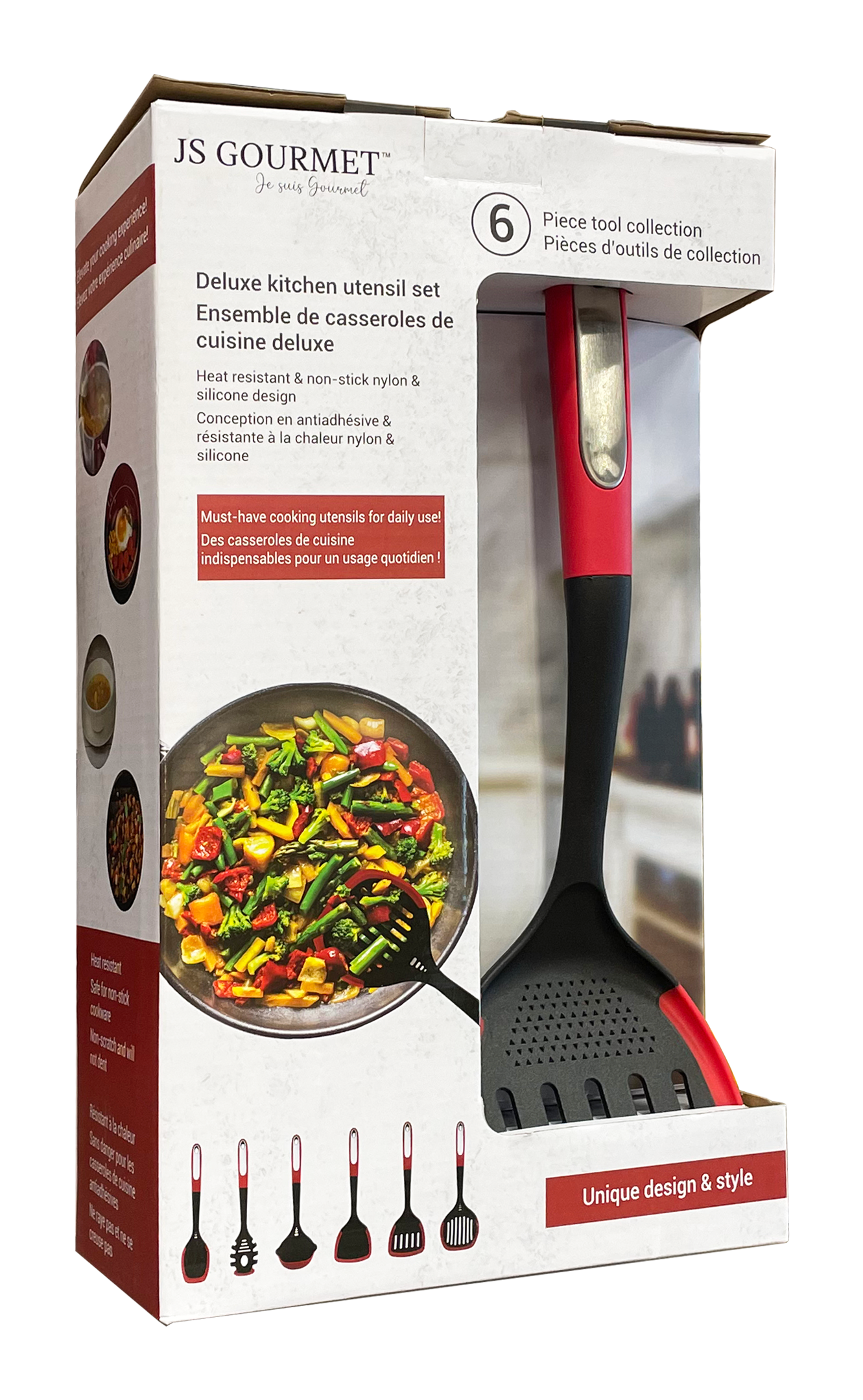 JS Gourmet - Ensemble 6 Morceaux d'ustensiles de Cuisine, Résistant à la Chaleur, Rouge - emballage - Simple Boutique