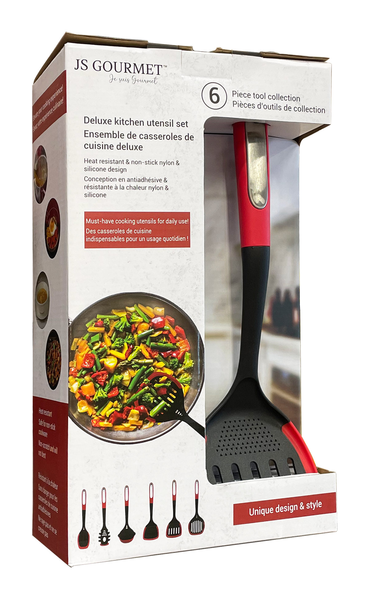 JS Gourmet - Ensemble 6 Morceaux d'ustensiles de Cuisine, Résistant à la Chaleur, Rouge - emballage - Simple Boutique