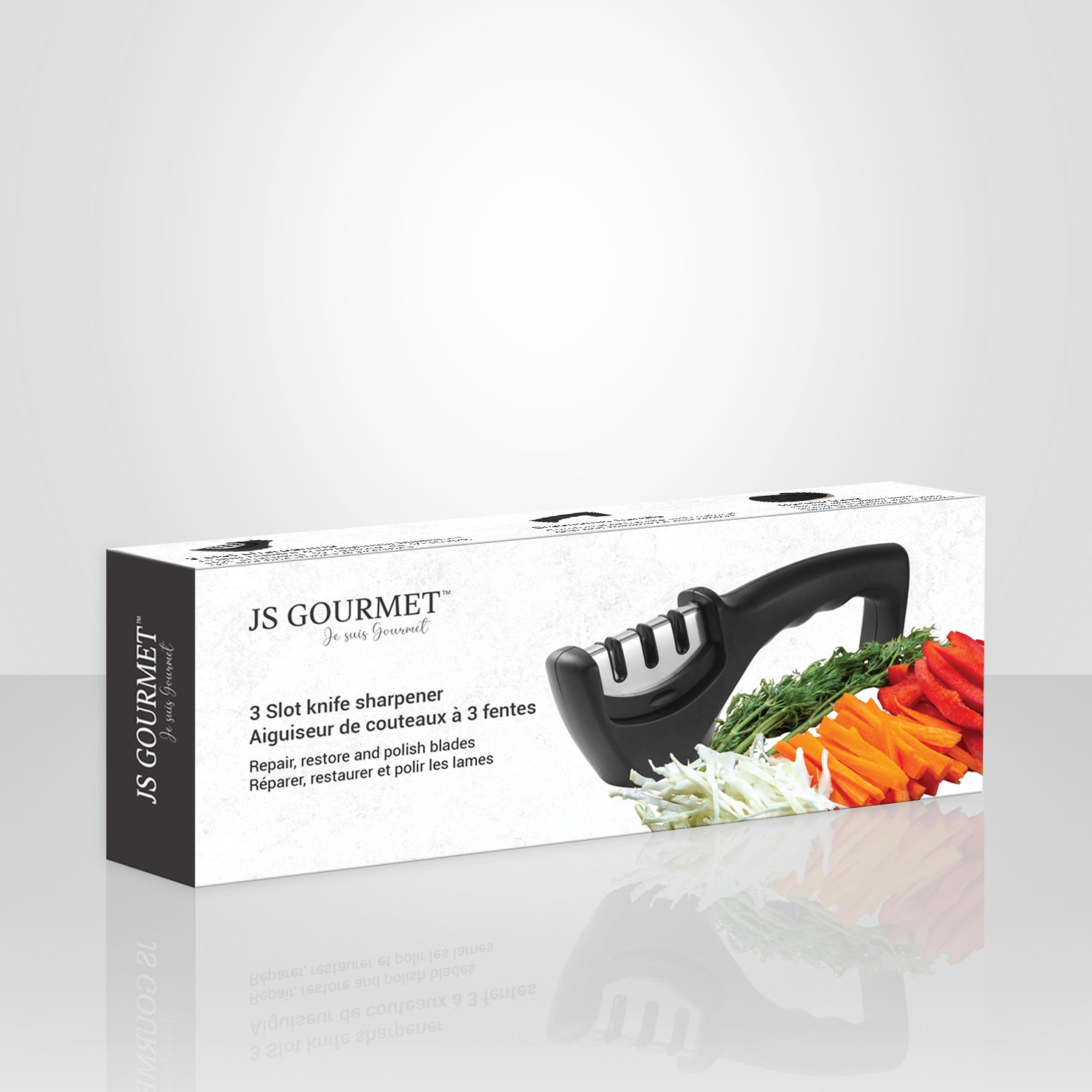 JS Gourmet - Aiguiseur de Couteaux à 3 Fentes, Répare, Restaure et Polit, Noir - emballage - Simple Boutique