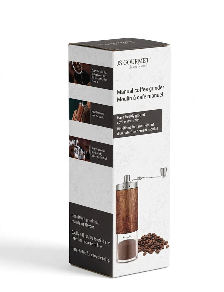 JS Gourmet - Moulin à Café Manuel Avec Réglages Ajustables, Brun - emballage - Simple Boutique