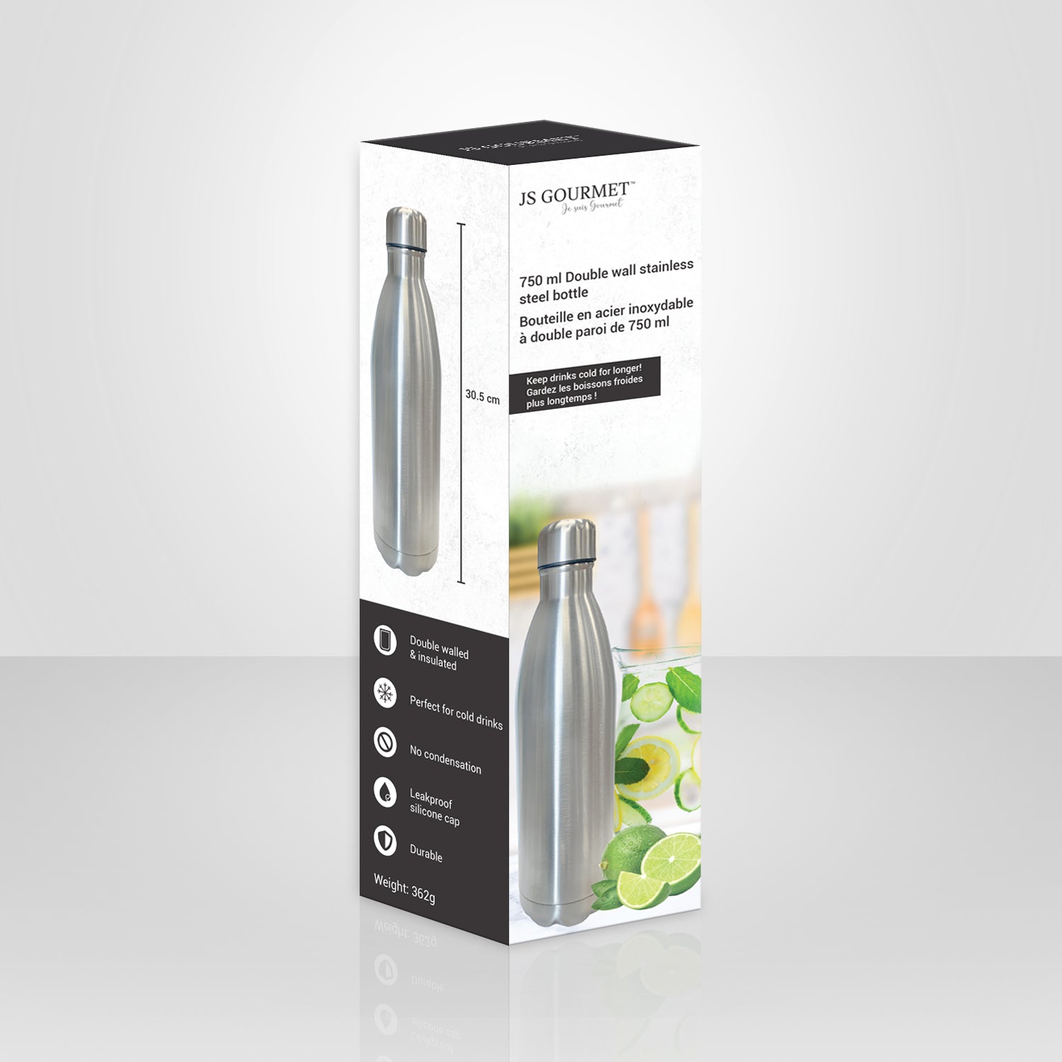 JS Gourmet - Bouteille en Acier Inoxydable à Double Paroi, Capacité de 750ml, Argenté - emballage - Simple Boutique