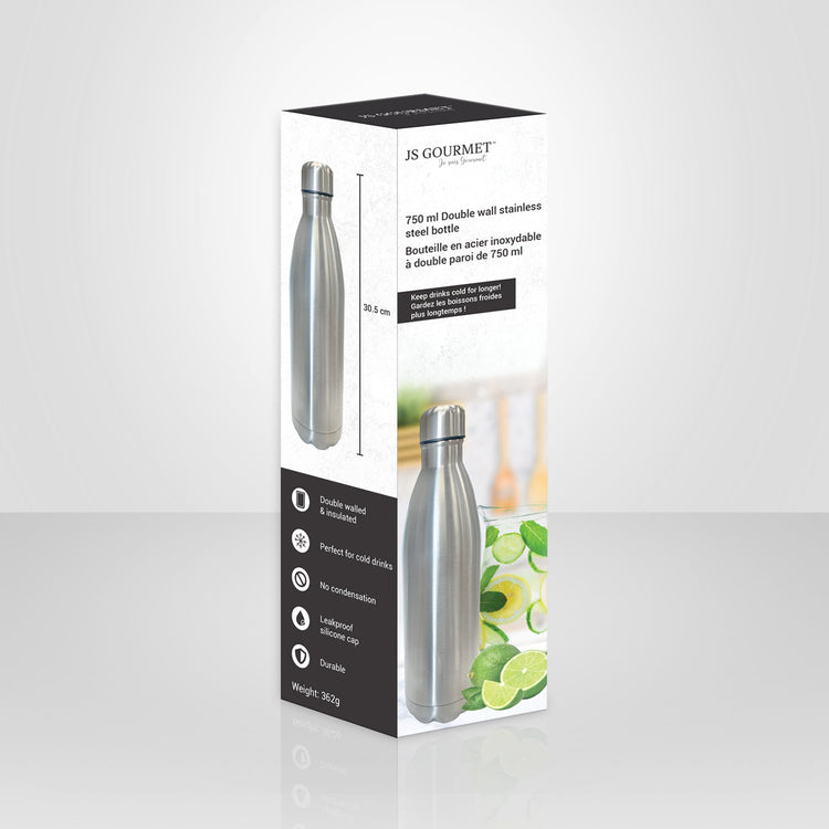 JS Gourmet - Bouteille en Acier Inoxydable à Double Paroi, Capacité de 750ml, Argenté - emballage - Simple Boutique