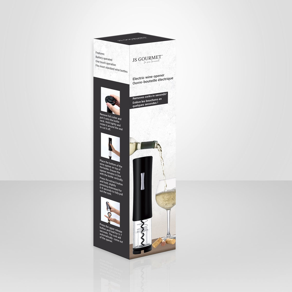JS Gourmet - Ouvre-Bouteille Électrique à Batterie avec Coupe-Capsule, Noir - emballage - Simple Boutique