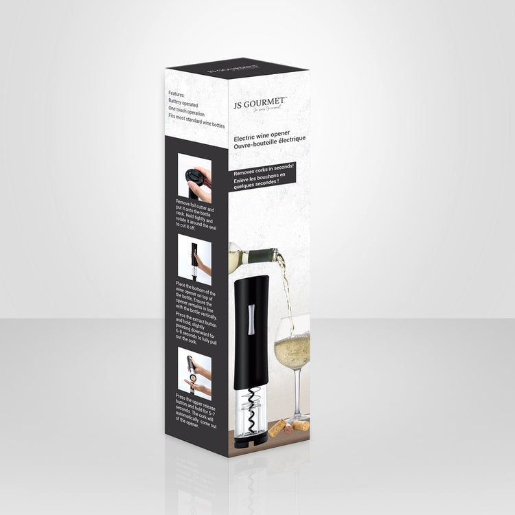 JS Gourmet - Ouvre-Bouteille Électrique à Batterie avec Coupe-Capsule, Noir - emballage - Simple Boutique