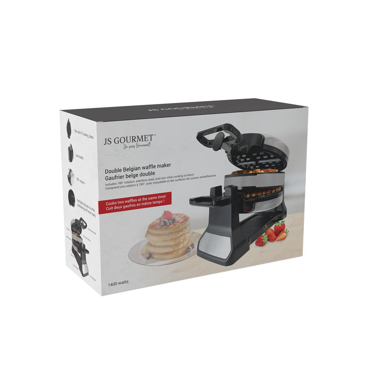 JS Gourmet - Gaufrier Belge Double, Rotation à 180°, Surface Antiadhésive, Acier Inoxydable - emballage - Simple Boutique