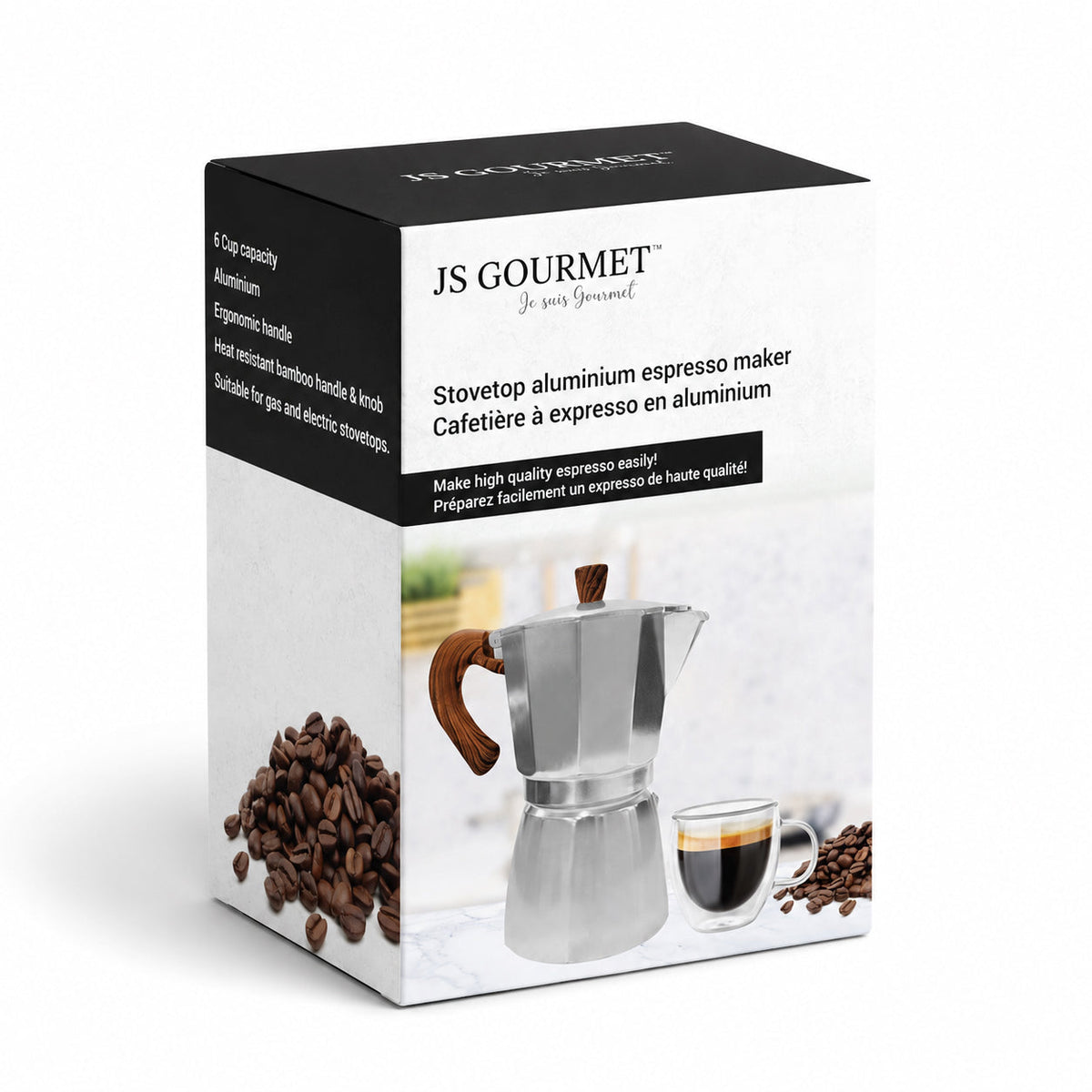 JS Gourmet - Cafetière à Expresso en Aluminium, Capacité de 6 Tasses, Argenté - emballage - Simple Boutique
