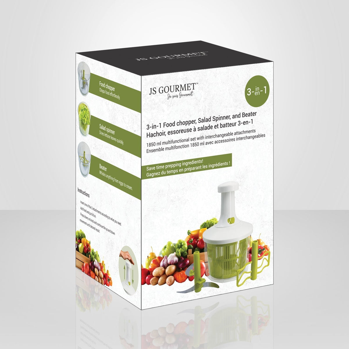 JS Gourmet - Hachoir, Essoreuse à Salade et Batteur 3 en 1, Capacité de 1850ml, Vert - emballage - Simple Boutique