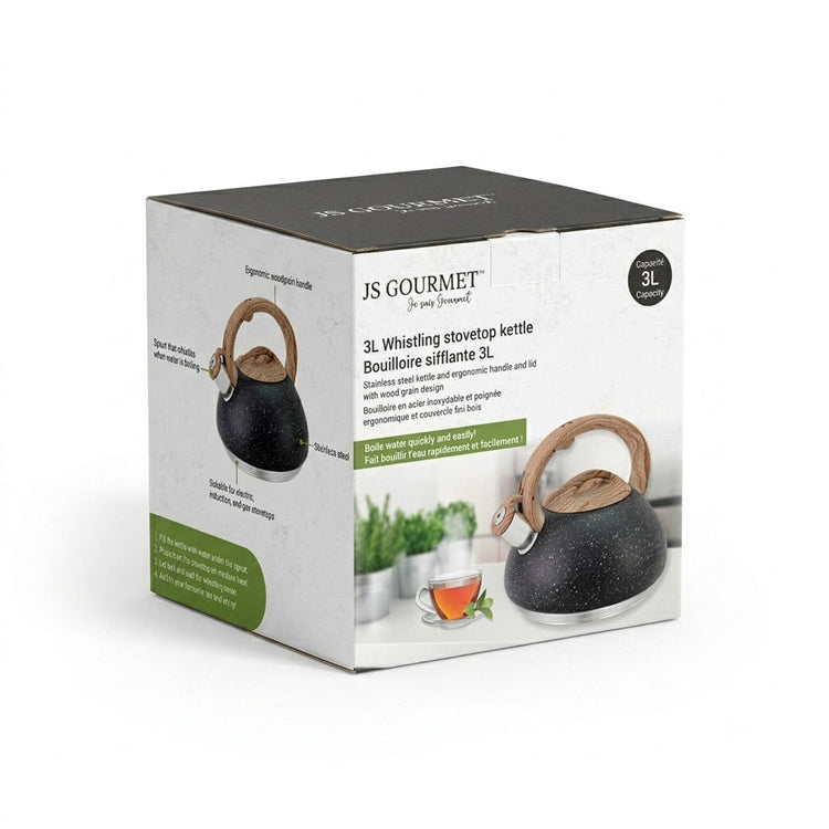 JS Gourmet - Bouilloire Sifflante en Acier Inoxydable, Capacité de 3 Litres, Noir - emballage - Simple Boutique