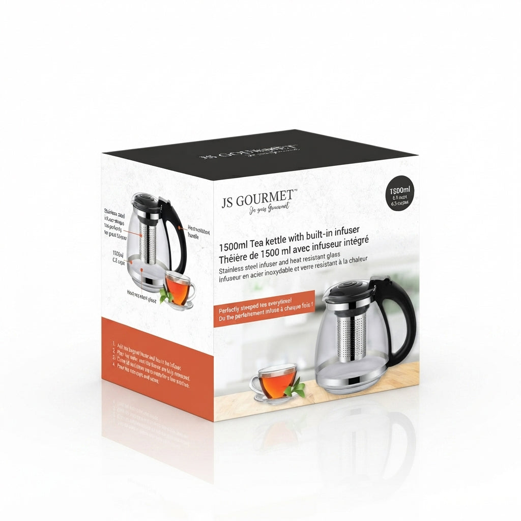 JS Gourmet - Bouilloire en Verre Avec Infuseur à Thé Intégré, Capacité de 1500ml - emballage - Simple Boutique