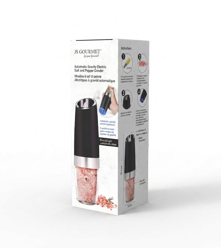 JS Gourmet- Moulin à Sel ou Poivre Électrique Avec Lumière DEL Bleu, Noir - emballage - Simple Boutique