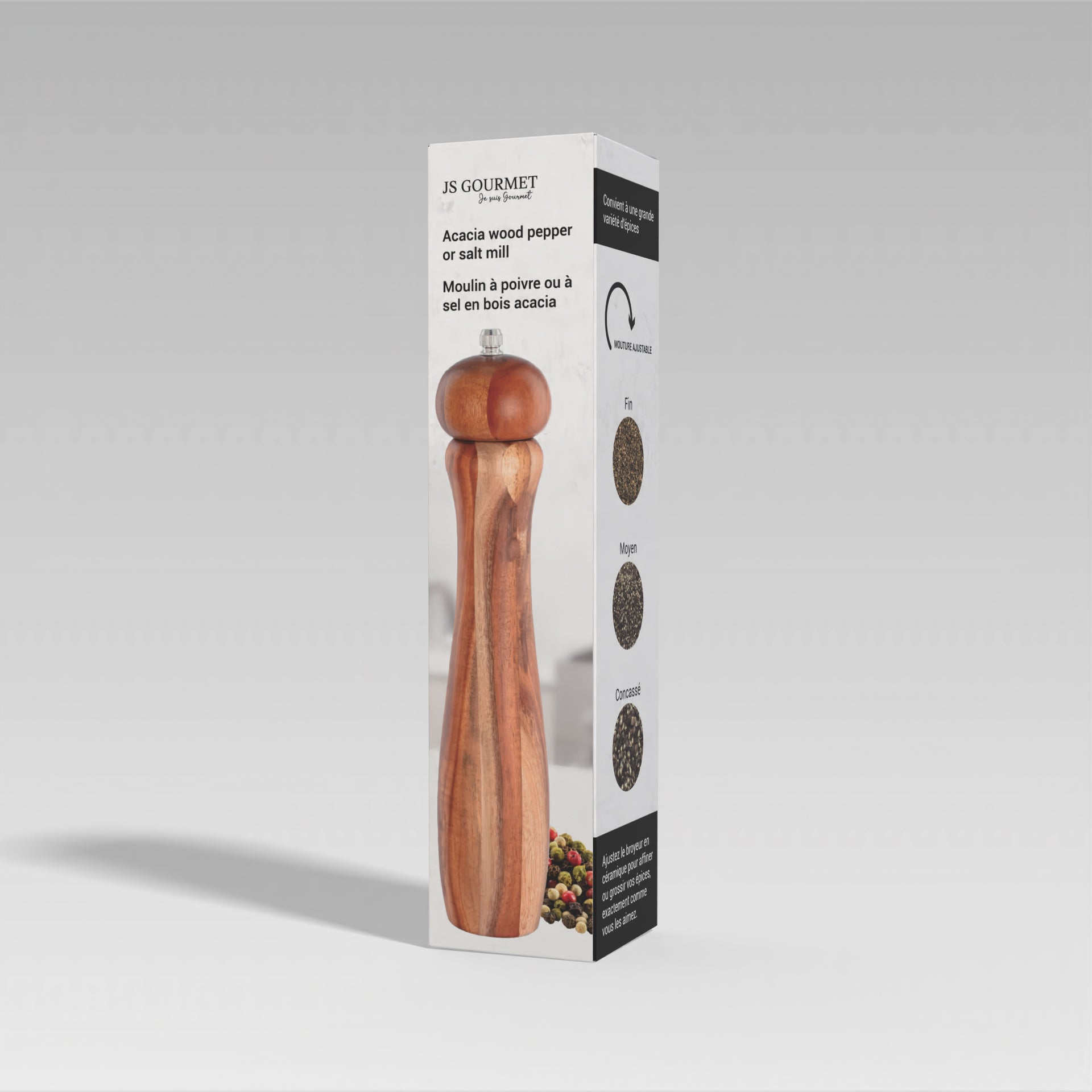 JS Gourmet - Moulin à Sel ou Poivre Manuel en Bois d'acacia - emballage - Simple Boutique