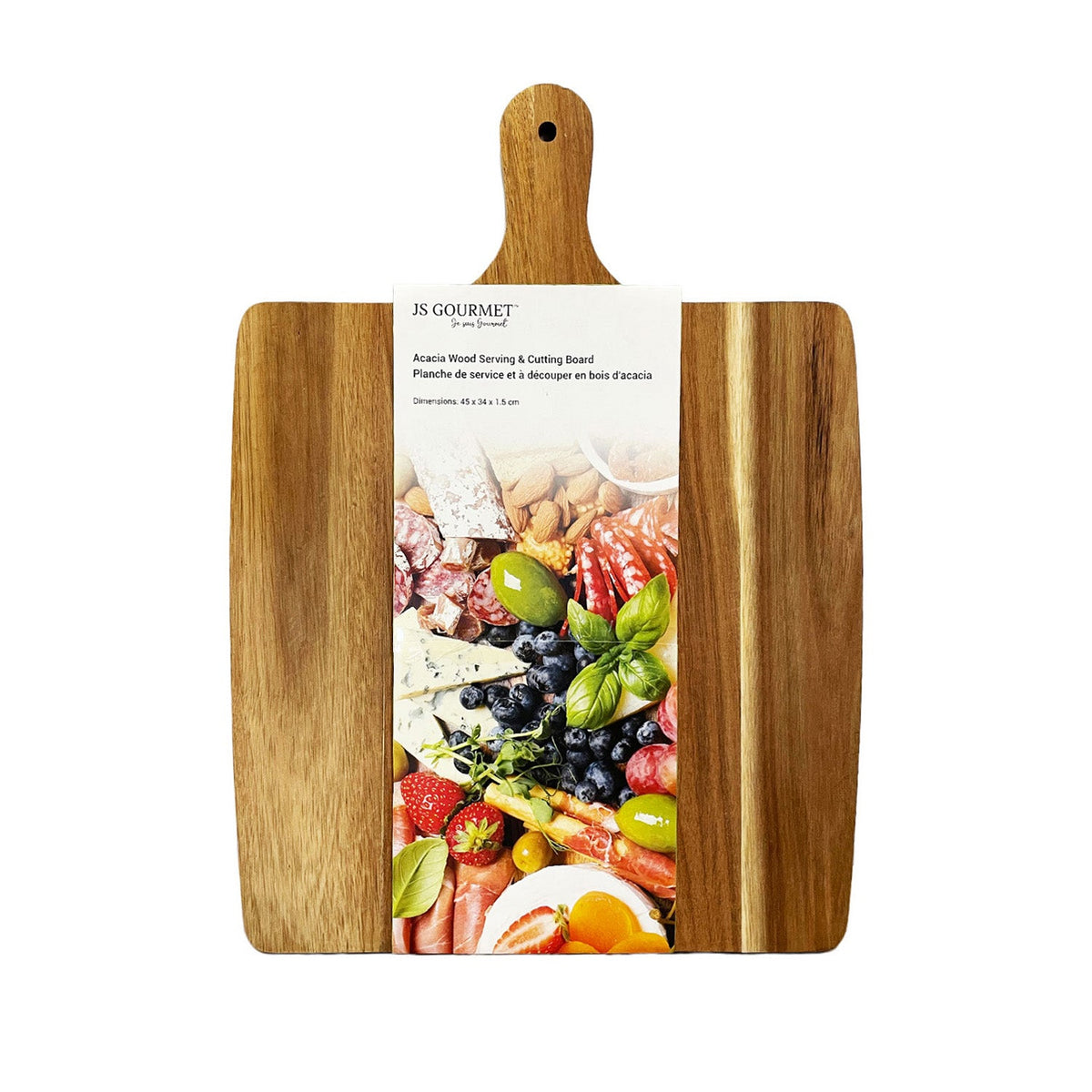 JS Gourmet - Planche de Service et à Découper en Bois d'acacia avec Poigné - emballage - Simple Boutique