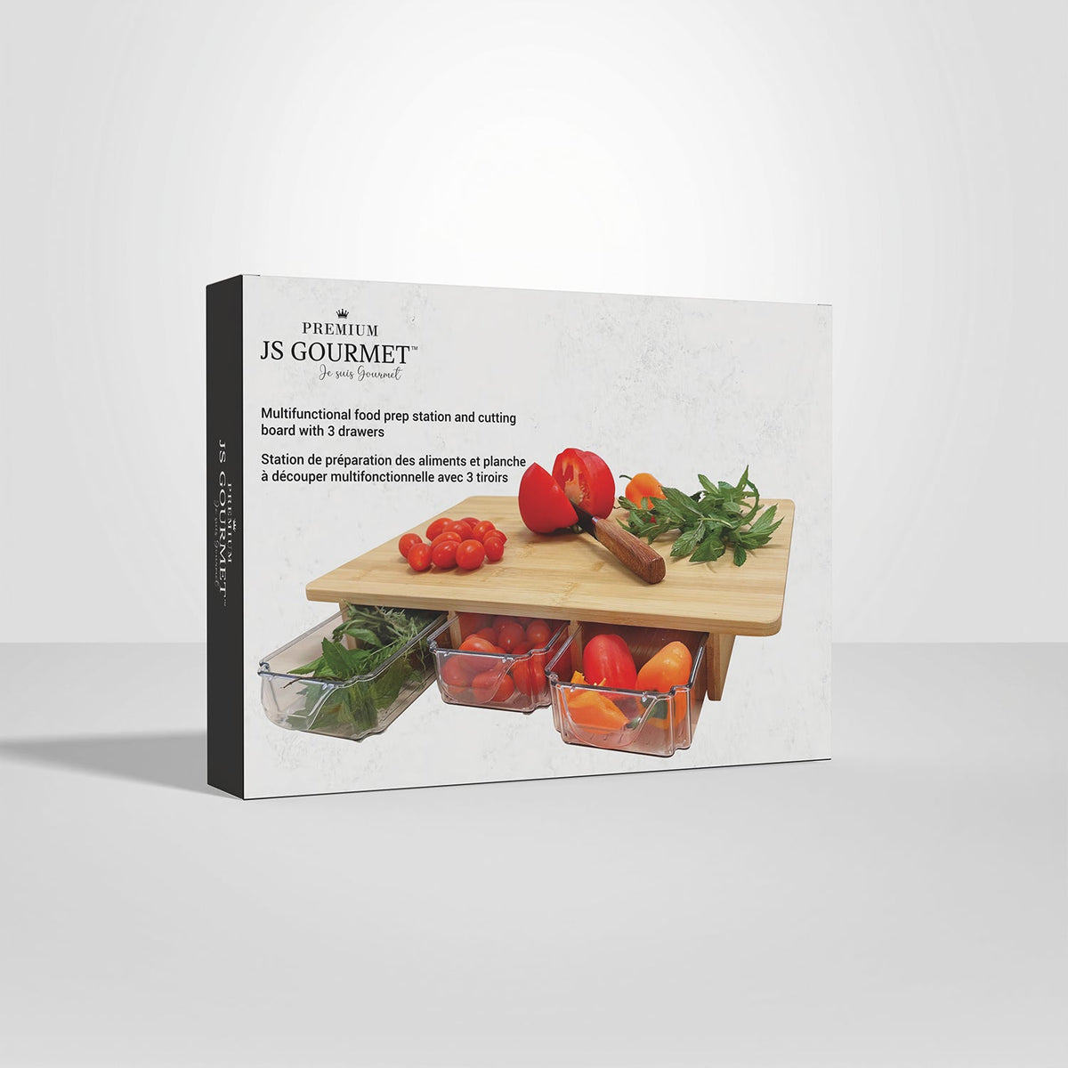 JS Gourmet - Planche à Découper en Bambou Avec 3 Tiroirs Coulissant - emballage - Simple Boutique