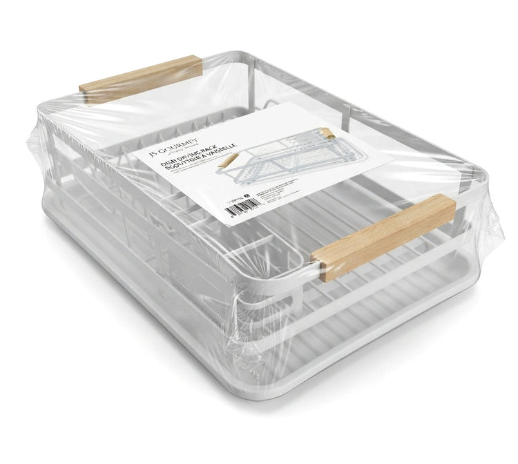 JS Gourmet - Égouttoir à Vaisselle avec Plateau en Plastique et Porte Couverts, Blanc - emballage - Simple Boutique