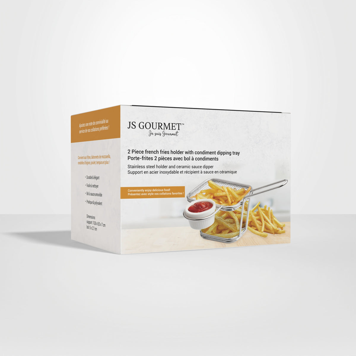 JS Gourmet - Ensemble de Porte-Frite 2 Morceaux avec Bol à Condiment, Acier Inoxydable - emballage - Simple Boutique