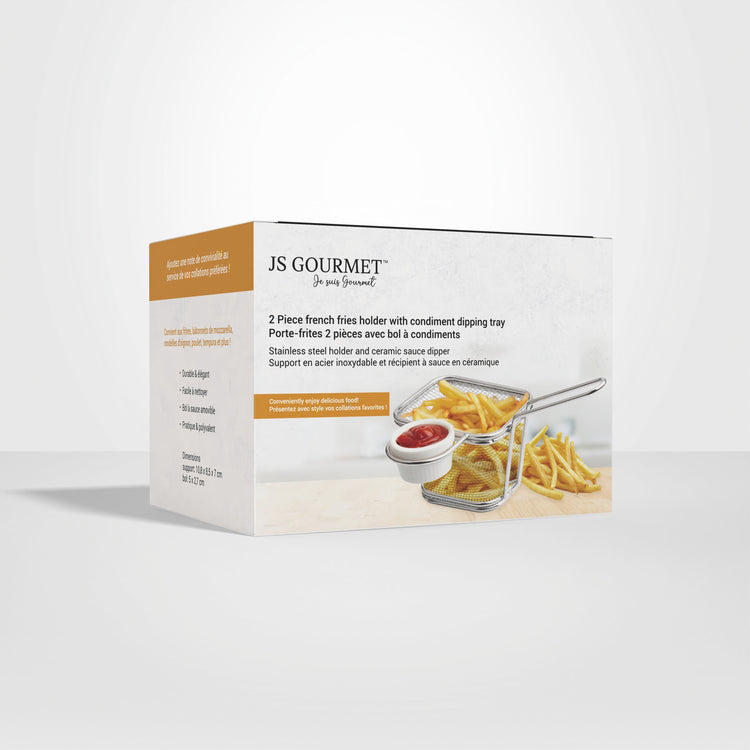 JS Gourmet - Ensemble de Porte-Frite 2 Morceaux avec Bol à Condiment, Acier Inoxydable - emballage - Simple Boutique