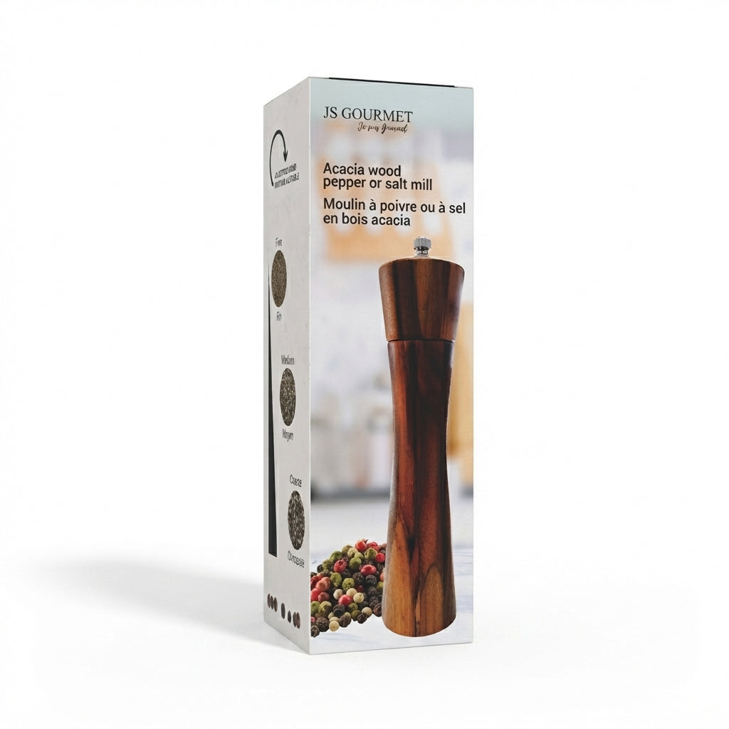 JS Gourmet - Moulin à Sel ou Poivre Manuel en Bois d'acacia Foncé - emballage - Simple Boutique