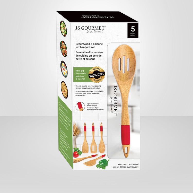 JS Gourmet - Ensemble 5 Morceaux d'Ustensiles de Cuisine en Bois de Hêtre et Silicone, Rouge - emballage - Simple Boutique