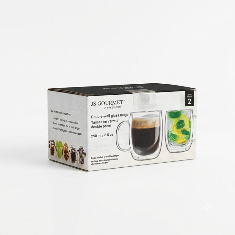 JS Gourmet - Ensemble de 2 Tasses en Verre à Double Paroi, Capacité de 250ml - emballage - Simple Boutique