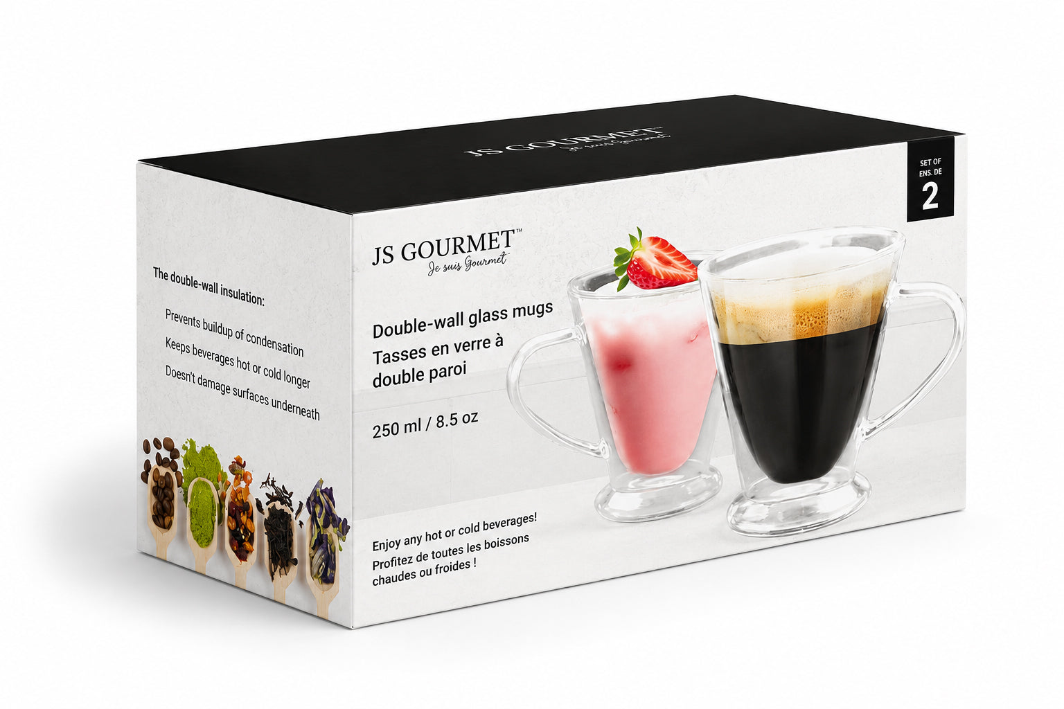 JS Gourmet - Ensemble de 2 Tasses Coniques en Verre à Double Paroi, Capacité de 250ml - emballage - Simple Boutique