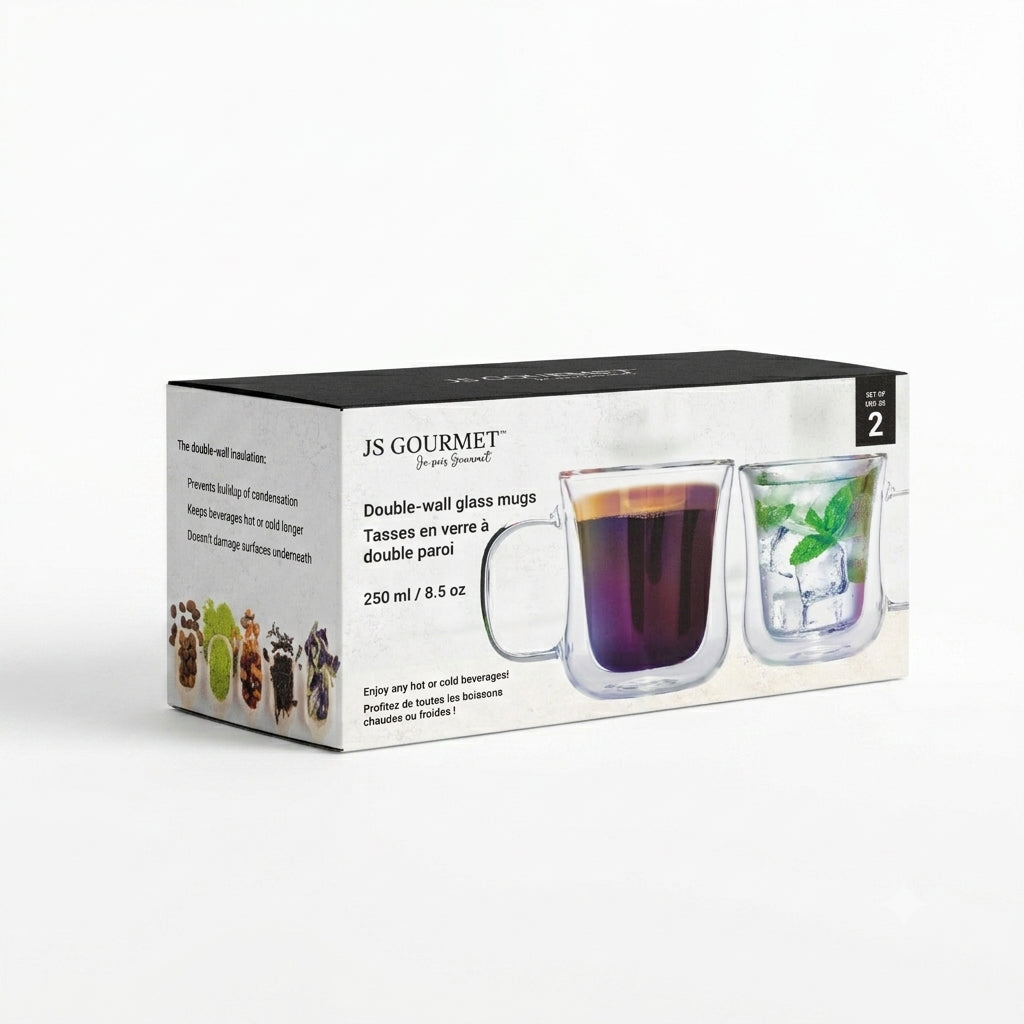 JS Gourmet - Ensemble de 2 Tasses en Verre Iridescent à Double Paroi, Capacité de 250ml - emballage - Simple Boutique