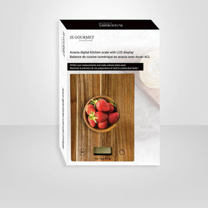 JS Gourmet - Balance de Cuisine Numérique avec Écran ACL, Fait en Bois d'acacia - emballage - Simple Boutique