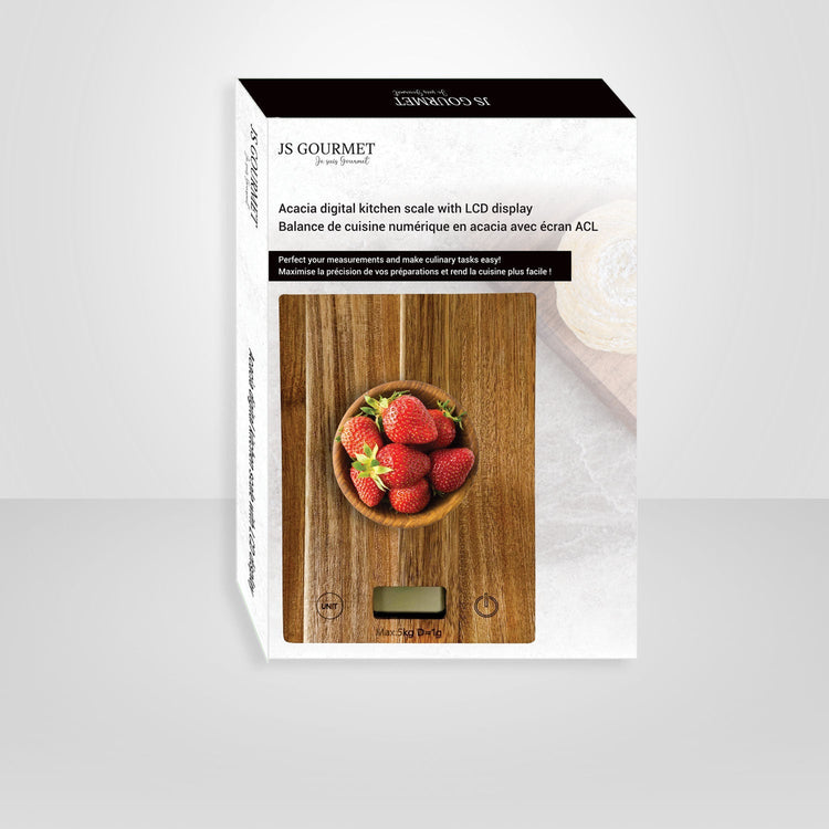 JS Gourmet - Balance de Cuisine Numérique avec Écran ACL, Fait en Bois d'acacia - emballage - Simple Boutique