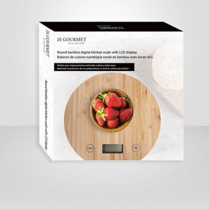 JS Gourmet - Balance de Cuisine Numérique Ronde avec Écran ACL, Fait en Bambou - emballage - Simple Boutique