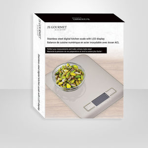 JS Gourmet - Balance de Cuisine Numérique avec Écran ACL, Acier Inoxydable - emballage - Simple Boutique