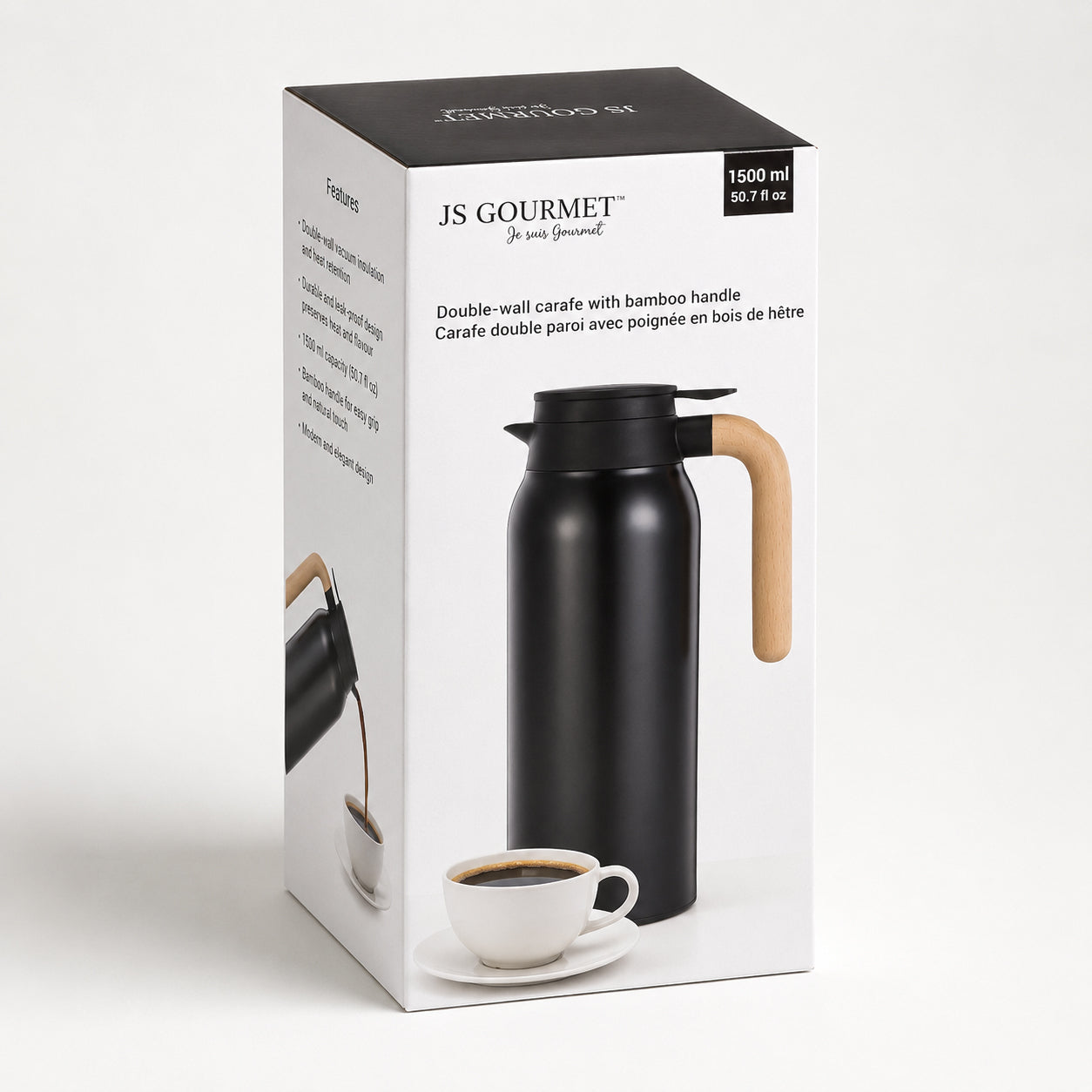 JS Gourmet - Carafe Isolée à Double Paroi, Capacité de 1500ml, Noir - emballage - Simple Boutique